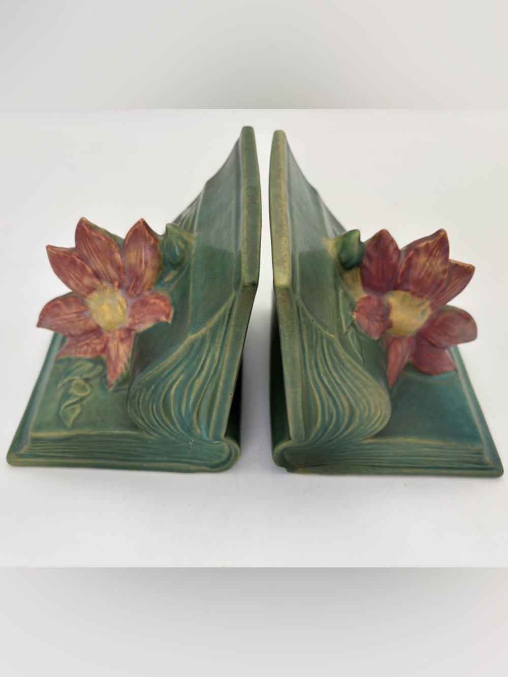 Vintage 1940s Roseville Pottery Clematis Green Bookends